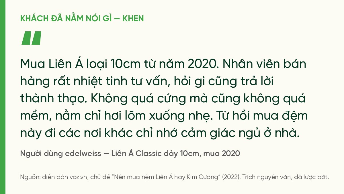 Trích ý kiến người dùng edelweiss trên VOZ: mua Liên Á 10cm từ 2020, nhân viên tư vấn nhiệt tình, không quá cứng không quá mềm, đi đâu cũng nhớ cảm giác ngủ ở nhà