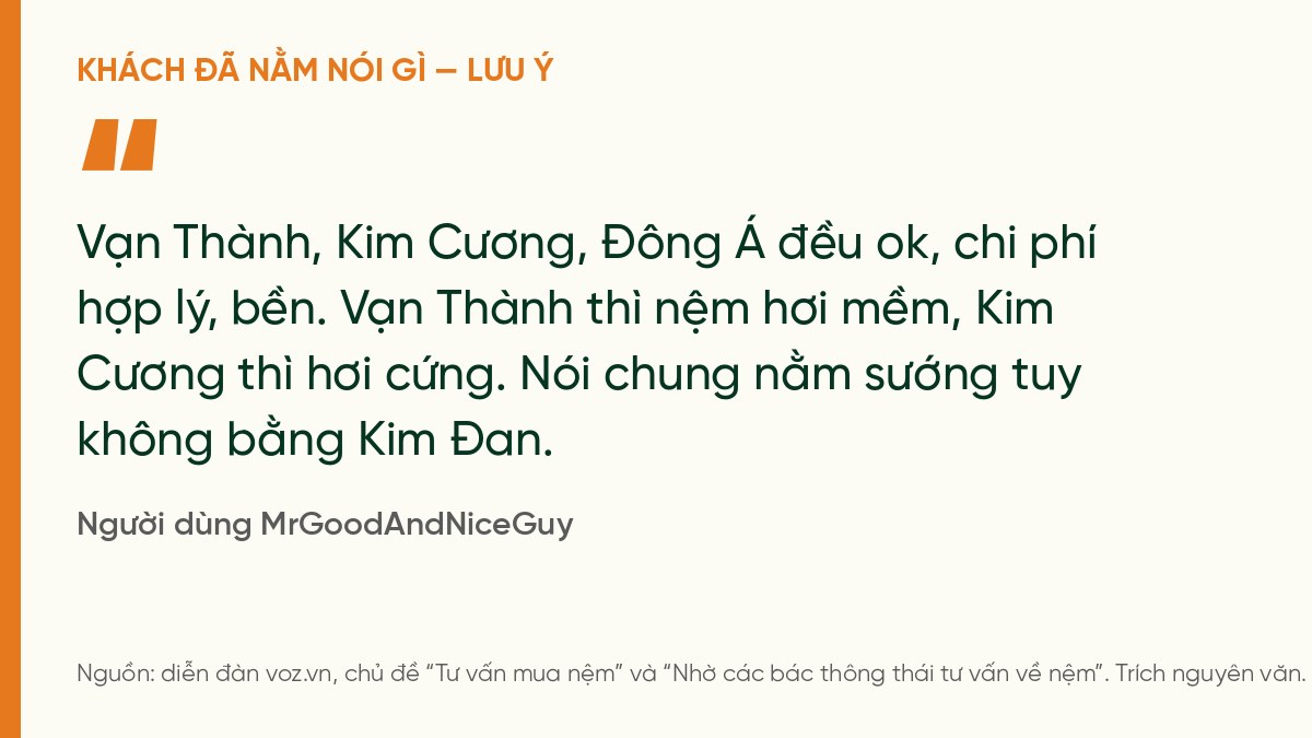 Trích ý kiến người dùng MrGoodAndNiceGuy trên VOZ: Vạn Thành hơi mềm, Kim Cương hơi cứng, đều ổn và bền